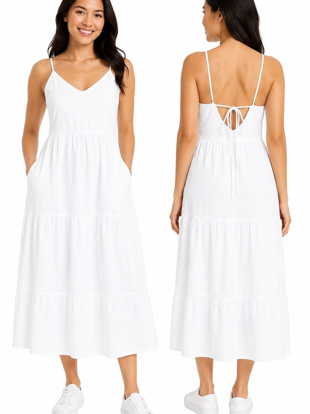 Old Navy White Tiered V‑Neck Midi Dress with Back Tie & Pockets Size XS Petite